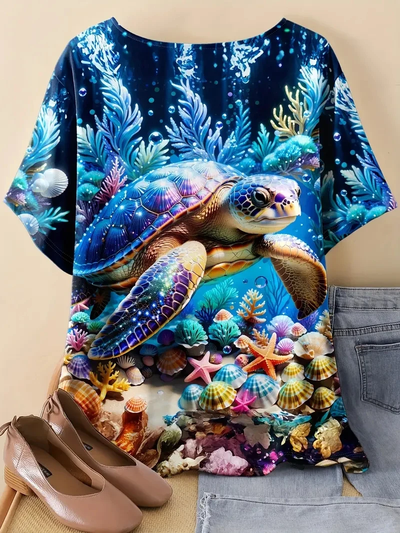 เสื้อยืดแขนสั้นพิมพ์ลายโลกใต้น้ำเต่า 3D ขนาดพลัสสำหรับผู้หญิง หลวมและลำลอง นุ่ม สบาย และระบายอากาศได้