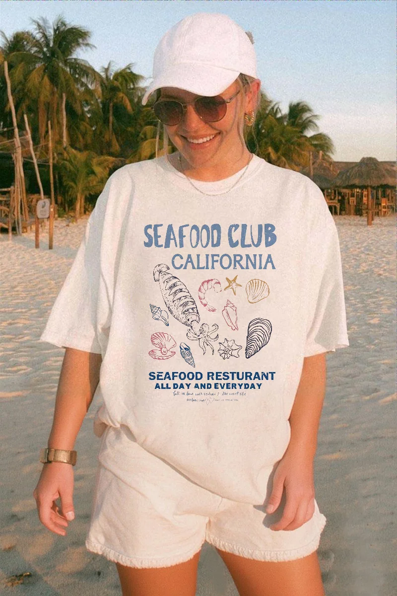 

Футболка с принтом Seafood Club California, повседневный стиль, женский модный уличный топ с круглым вырезом, женская базовая белая футболка с героями мультфильмов