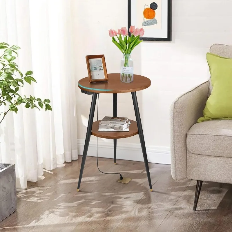 

end Table with Charging Station, 2 Tier Walnut Wood Small Round Side with Storage for Small Spaces, Round nightstand Small Accen