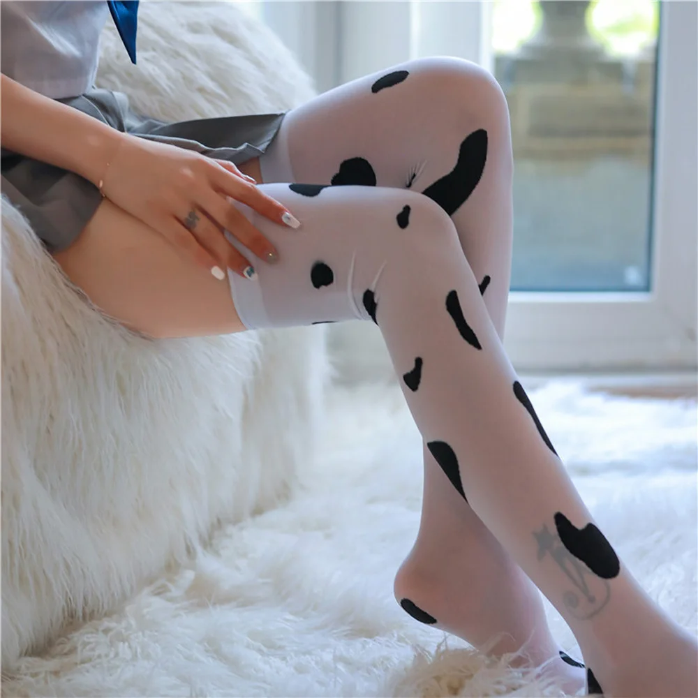 Cute Kawaii Women Cosplay Stockings Cow Spots Printed Cow Printed Pantyhose Thigh High Stockings