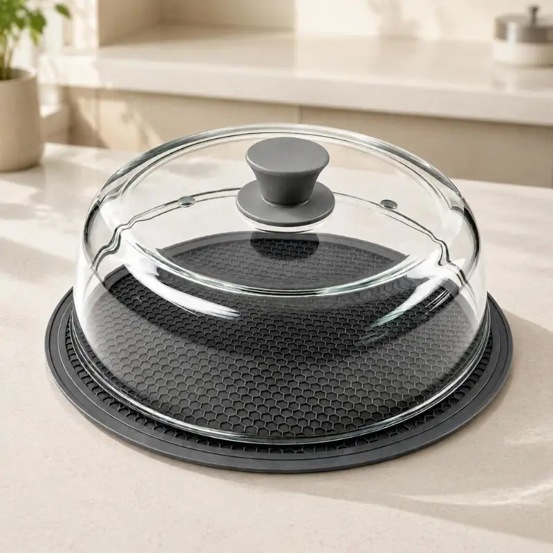E8BD Glass Reheating Cover with Clear Body and Textured Resting Pad for Containing Mess with Dishes Visible During Use