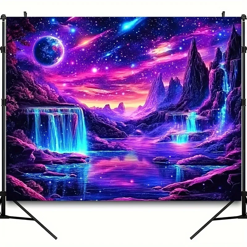 VIKAMA Psychedelic Space Wall Hanging Fantasy Nebula Galaxy Neon Waterfall Mountain Planet Scenery Tapestry Mystic Nature Wall A