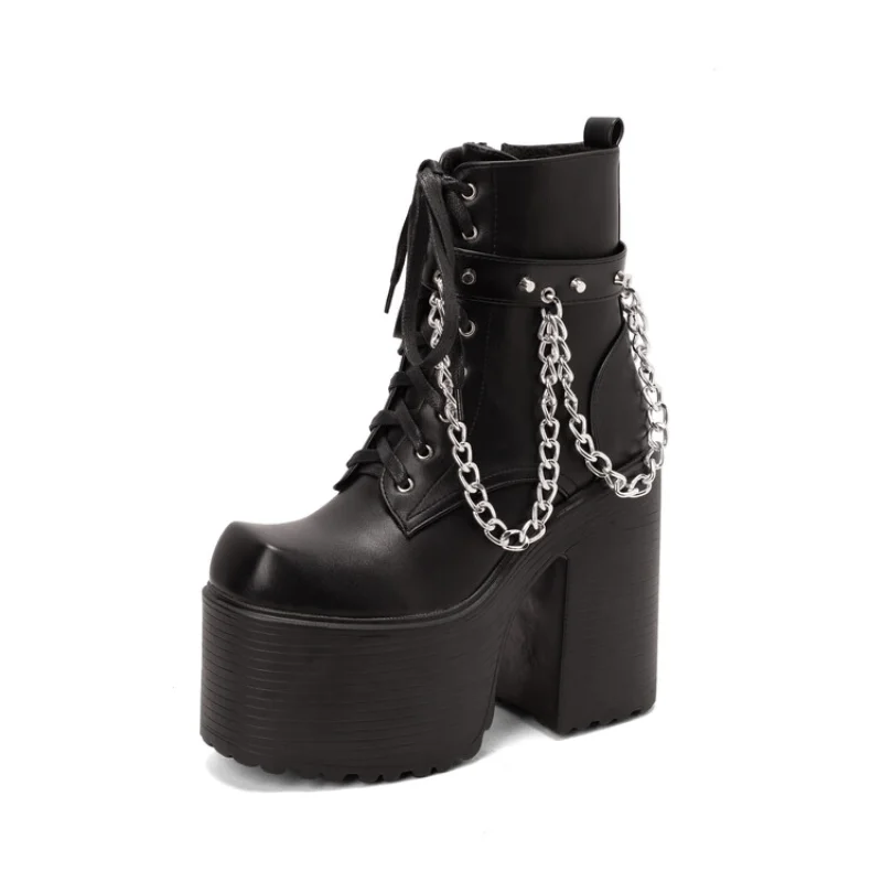 The inside of the zipper Metal chain Lace-up leather ankle Thick Heel shoes esque Round toe Height Increasing