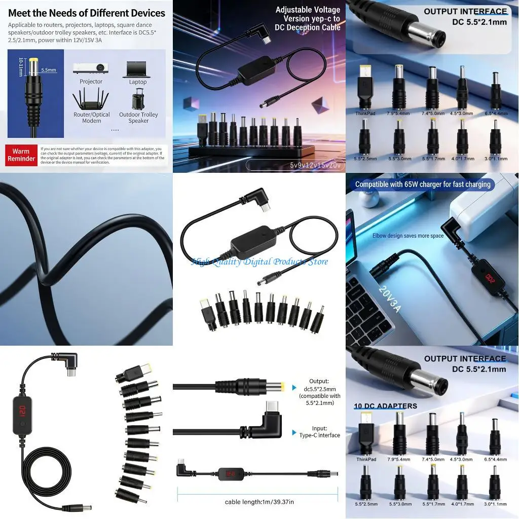 

U2JE Safe Intelligent Charging Cord Type C to DC5.5 +10 Adapters for Multi Voltages