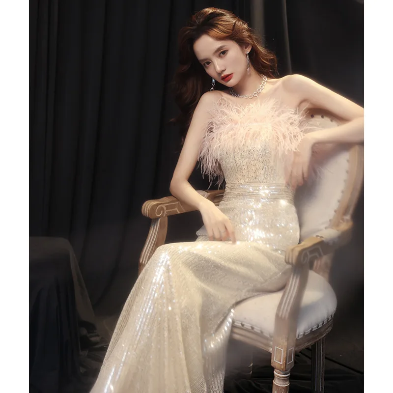 Abito da banchetto per donna 2024 Nuovi abiti da donna lunghi con paillettes per riunioni annuali, abiti da sera a coda di pesce