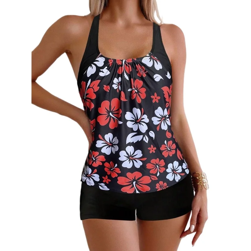Printed Flower Tankini Set Girl Swimwear Adjustable Strap Vest Bra Female Flower Shorts Bikini Drawstring Women Beach Set