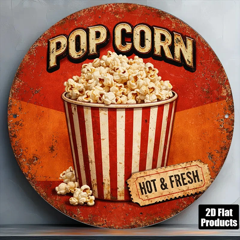 2D Flat, Suitable, Bar & Theater Decor Vintage Popcorn Sign Movie Theater Wall Plaque with Popcorn  Gift for Film Buffs