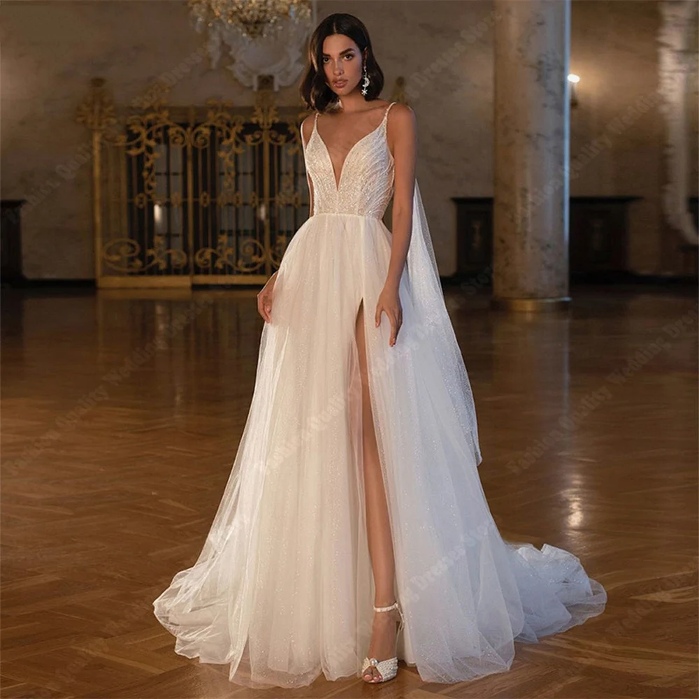 

Elegant Deep-V Neck Women Wedding Dresses Sexy Side High Slit A-Line Bridal Gowns Princess Engagement Banquet Vestidos De Novias