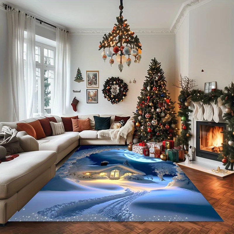 1pc 2D Flat Christmas Snowy Cabin Full Moon Winter Scenery Printed Floor Mat, Decorative Rug for Living Room, Bedroom, Home