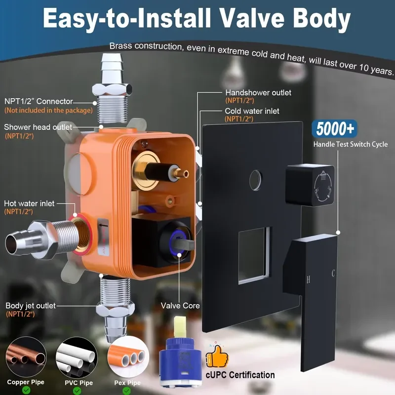 Matte Black Shower System with Body Jets 12 Inch Wall Mount Rainfall Shower System and Handheld Body Spray Shower Faucets view 5