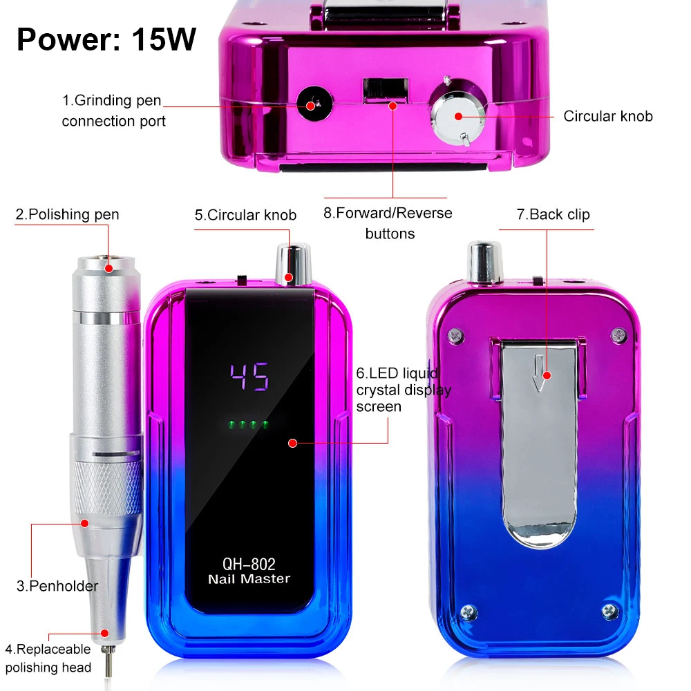 เครื่องตะไบเล็บแบบพกพา ระดับมืออาชีพ 45000 รอบต่อนาที แบบชาร์จไฟได้ สำหรับเล็บอะคริลิค เจล โพลิช ไร้สาย