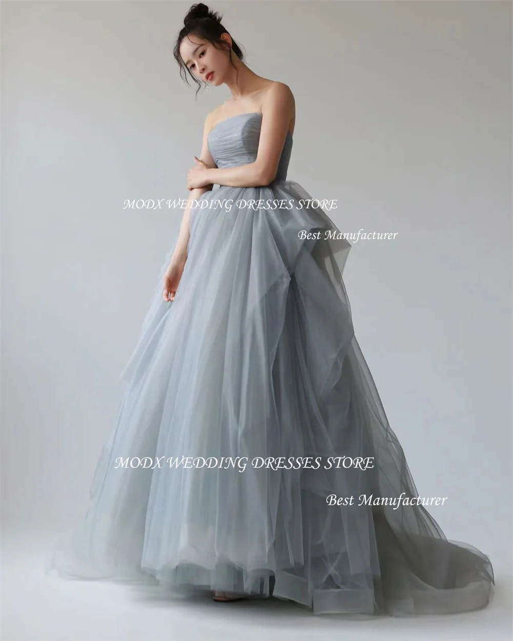 MODX Sierlijke Tule Korea Trouwjurken Fotoshoot Strapless A-lijn Vloerlengte Plooi Prinses Avondfeest Jurken Corset