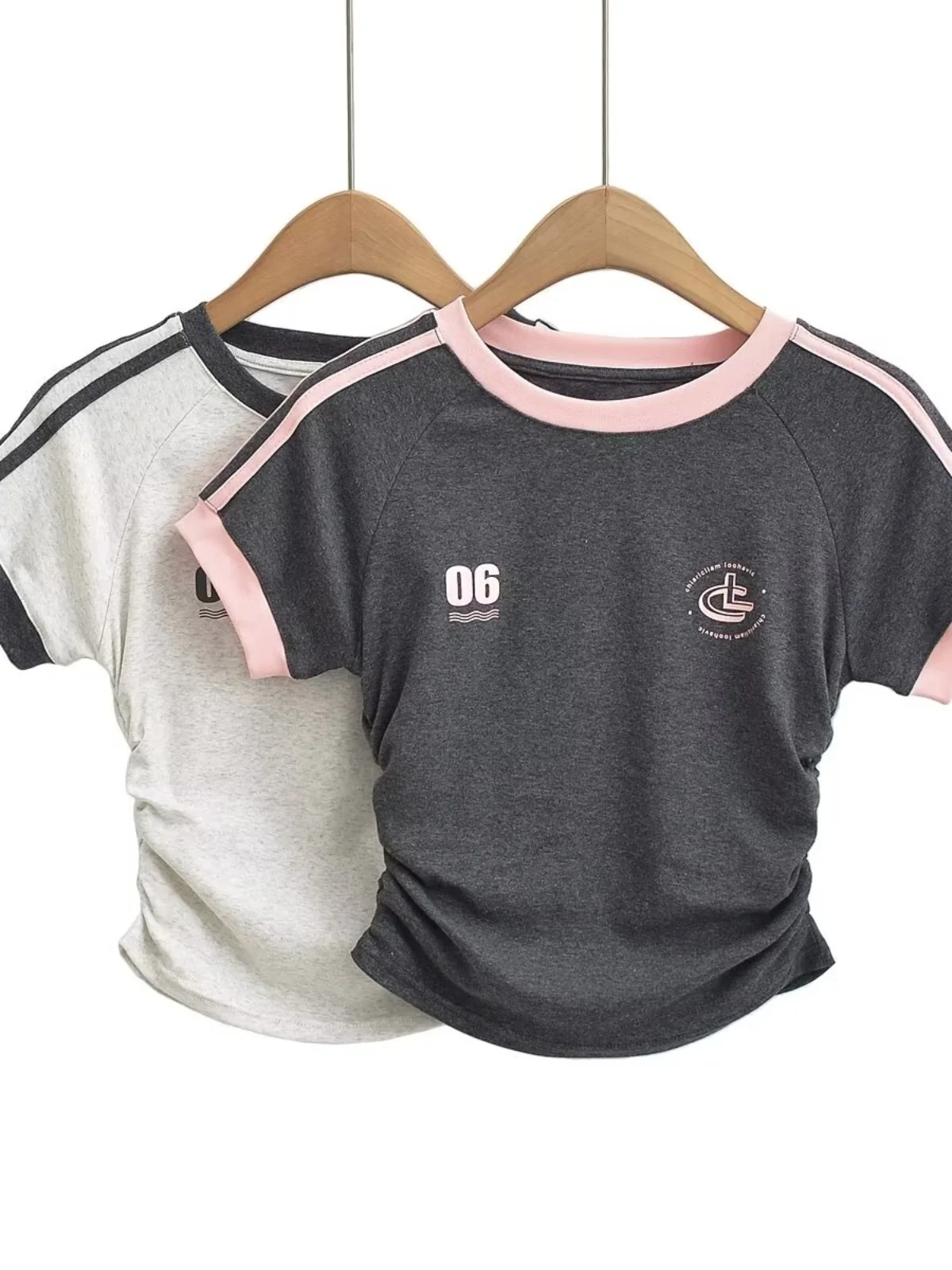Slim Fit Short T-Shirt Pleated Waist Control Sexy Girl Sporty Casual Belly Button Baring Short Sleeve Top College Style Commu...