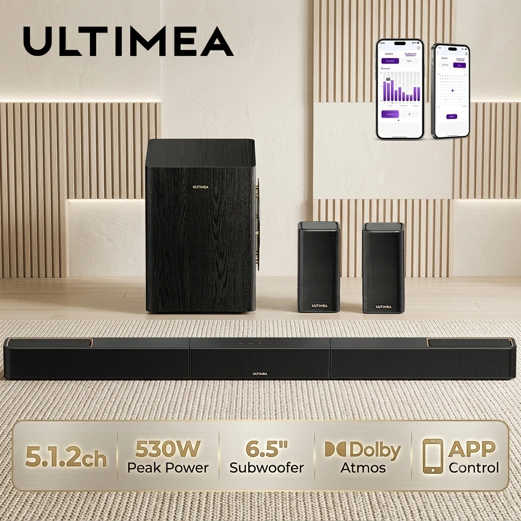 Barre de son ULTIMEA Skywave Series 530W 5.1.2 canaux avec Dolby Atmos, syst�me de son surround pour cin�ma maison avec caisson de basses sans fil de 6,5 pouces