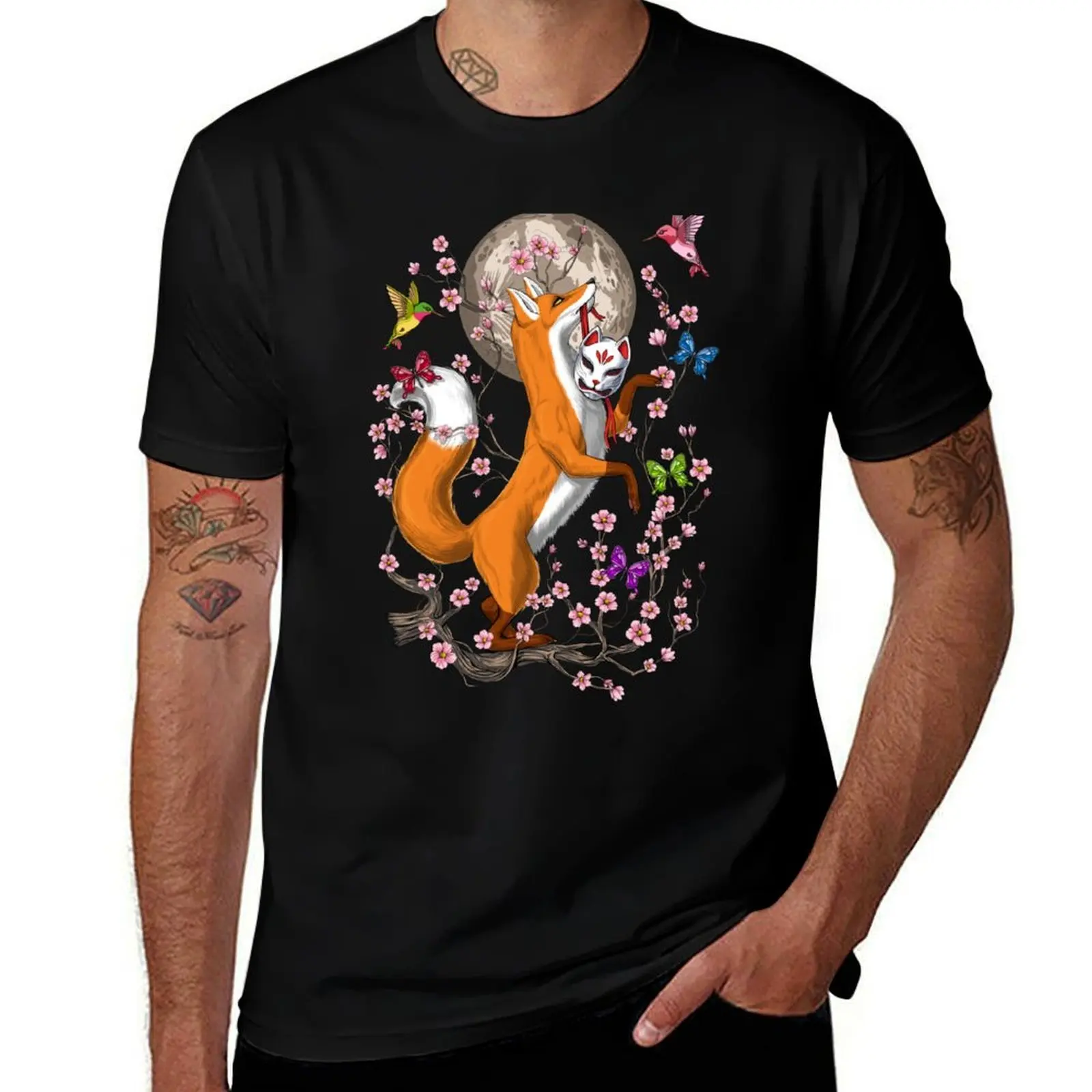Fox Cherry Blossom T-Shirt Basic Solid Color Casual Tee Shirt