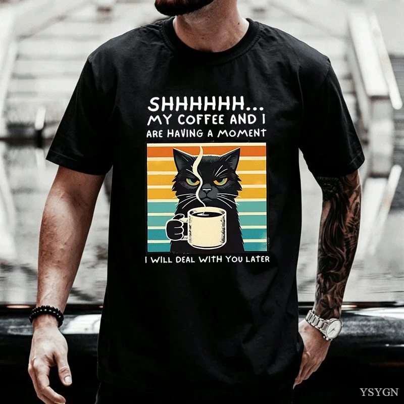 Funny Coffee Cat T-Shirt Summer Cotton Short Sleeve Cat Mama Men T Shirt Coffee Lover Tee Shirt Retro Cat T Shirt Mens Clothes