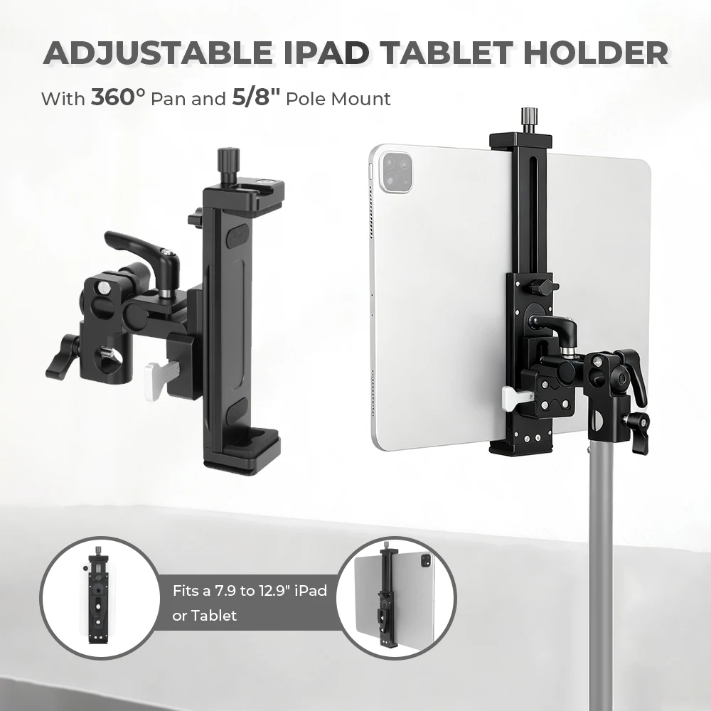 CAMVATE Penyangga Tablet iPad yang Dapat Disesuaikan dengan Rotasi 360 °   Pan Cocok untuk iPad atau Tablet dengan Ukuran 7,9 hingga 12,9 inci, Dapat Dipasang di C-Stand dan Light Stand