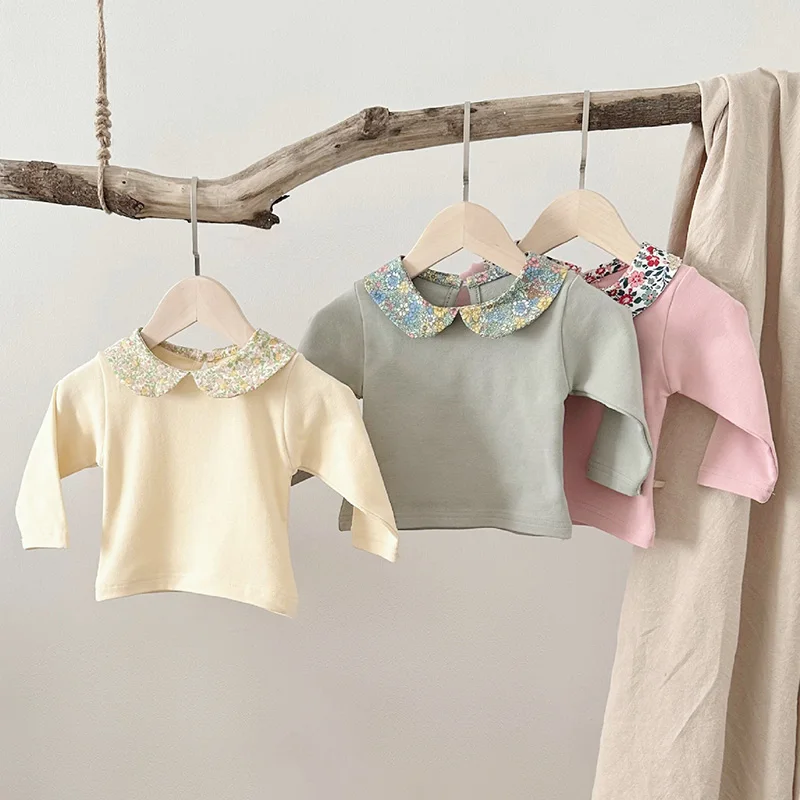 2024 New Spring Infant Baby Girl T-shirt Newborn Baby Girls Pullover Long Sleeved Cotton Printing Splicing Children Clothing