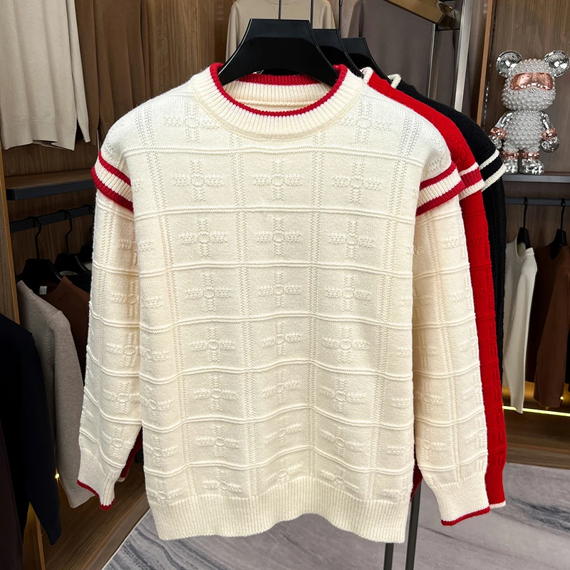 New High quality Men's Autumn long sleeves Knitting Sweater Round neck Jacquard Keep warm Underwear Pullover Men's clothing tops