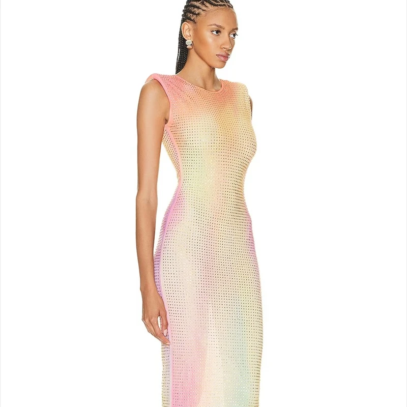 2023 New Multi-color Hot Drilling Diamond Women's Sleeveless Sexy Slim Maxi Long Dress