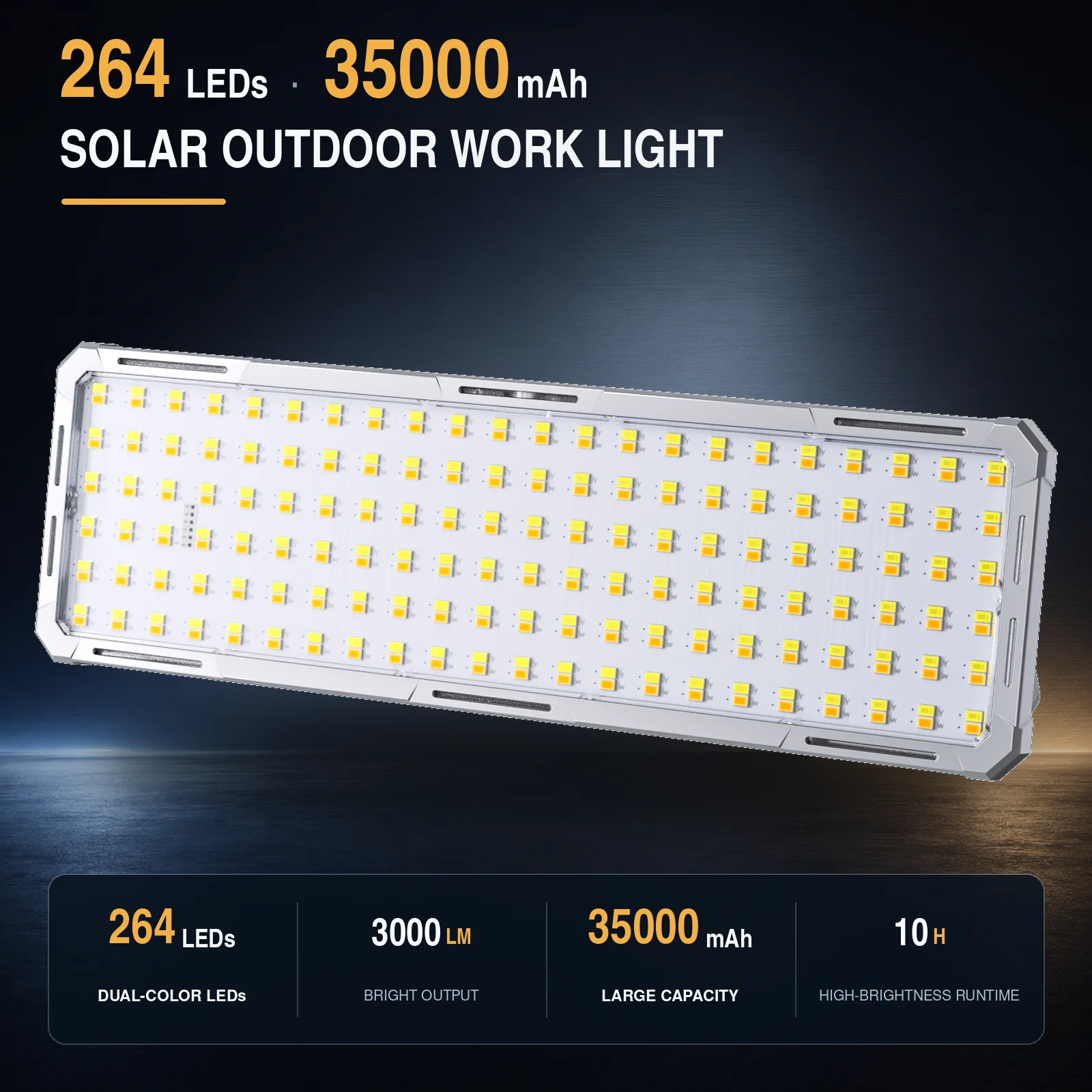 264 LEDs Solar Work Light 35000mAh 3000LM Rechargeable Magnetic Camping Lamp IPX6 Aluminum Emergency Floodlight with USB Output