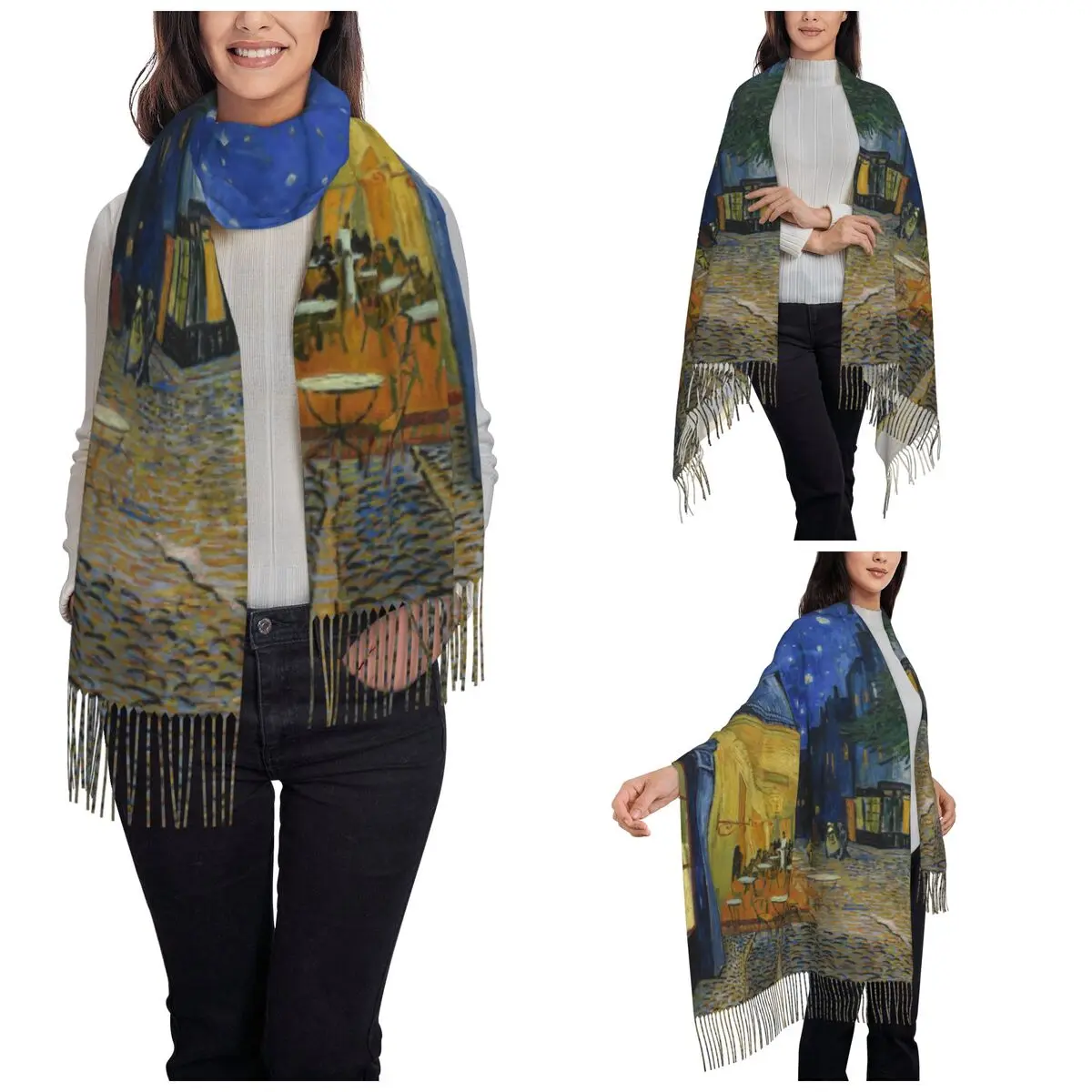 Van Gogh Art Cafe Terrace Scarf for Women Warm Winter Pashmina Shawl Wrap Painting French art Long Shawl Scarf Lightweight