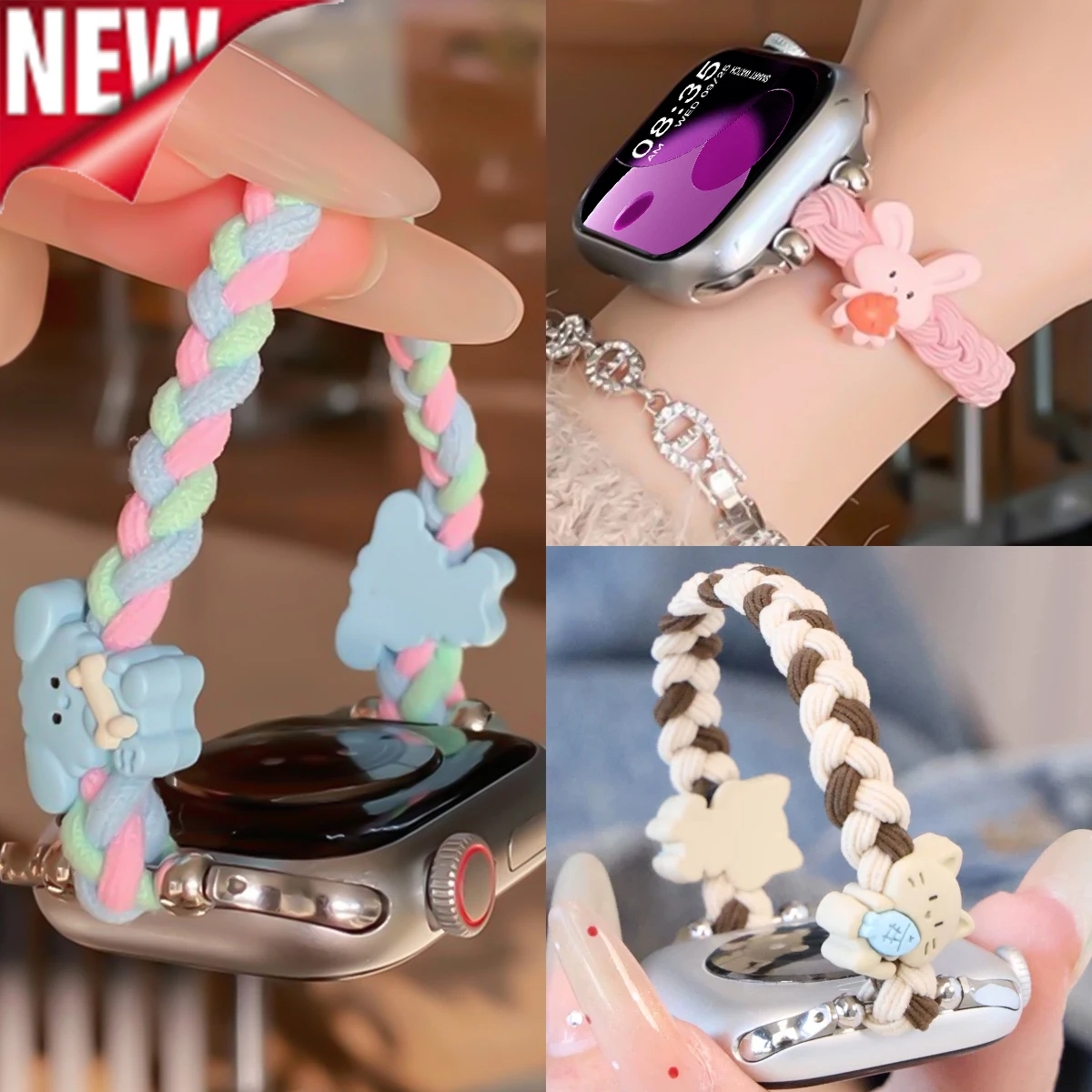 Woven Cute Cartoon Strap For Apple Watch S11 10 9 8 SE 3D Animal Elastic Rope Soft Wristband For iWatch 41 45 38mm 40mm 44 42 49