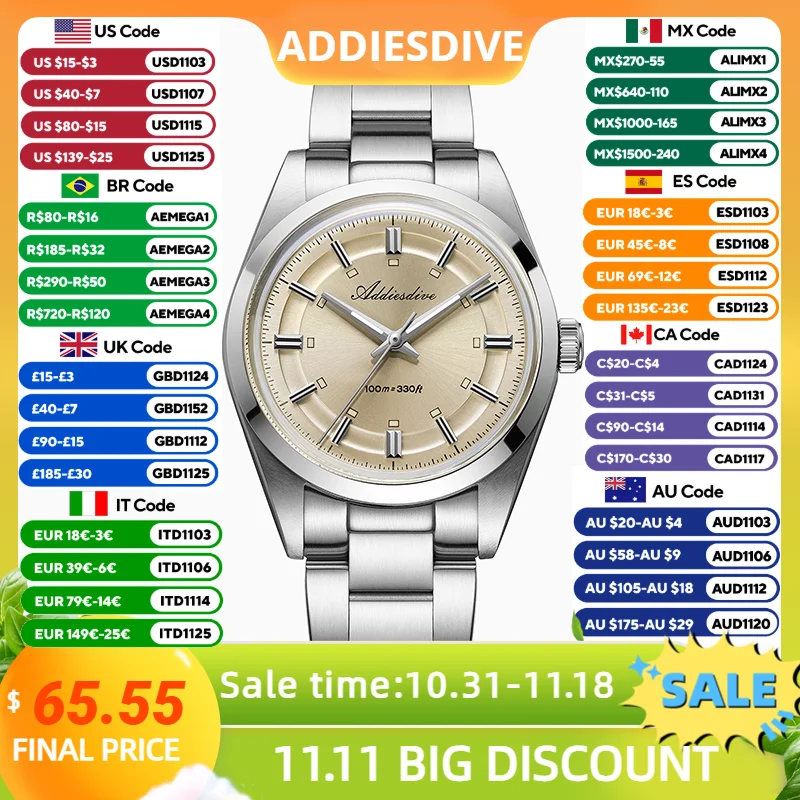 ADDIESDIVE New Couple Quartz Watch Purple/golden/green Mens Watches K1 Mineral Bubble Mirror Glass Man Waterproof Watches AD2515