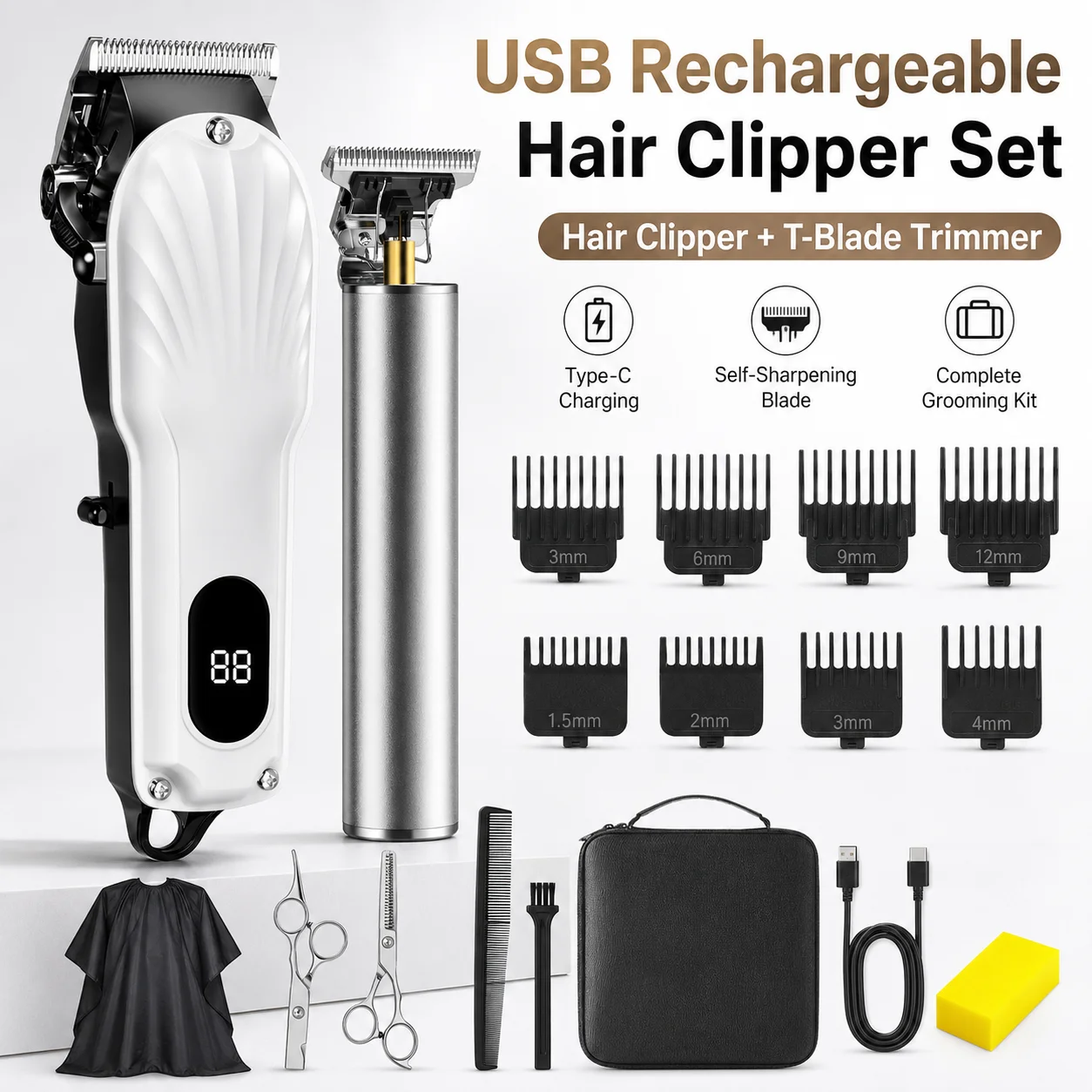 Professional Hair clipper Trimmer 2-in-1 Metal body Type-C Rechargeable LED Barber Kit T-Blade Precision Grooming Set for Men