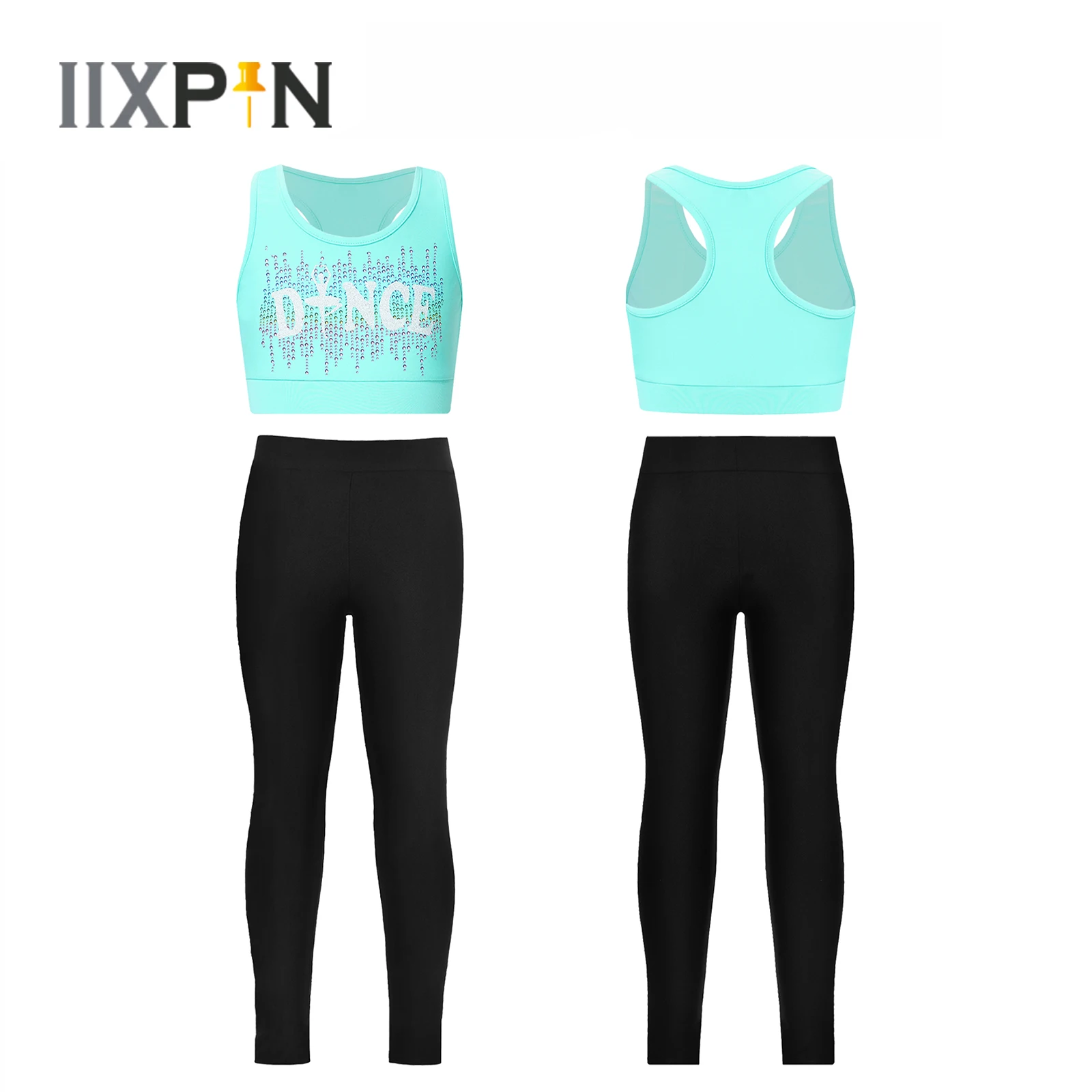 

Kids Girls Gymnastics Hip-hop Dance Costume Sportwear Sleeveless Printed Racerback Tank Crop Tops+Leggings for Jazz Streetwear