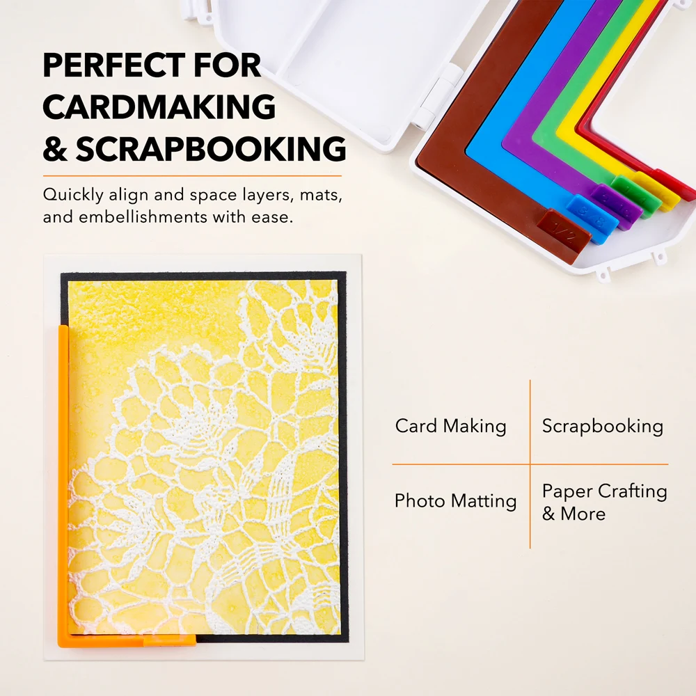7PCS Paper Crafting Alignment Guides with Case for Card Making Set Precision Layering Matting Spacers Matching Storage Box