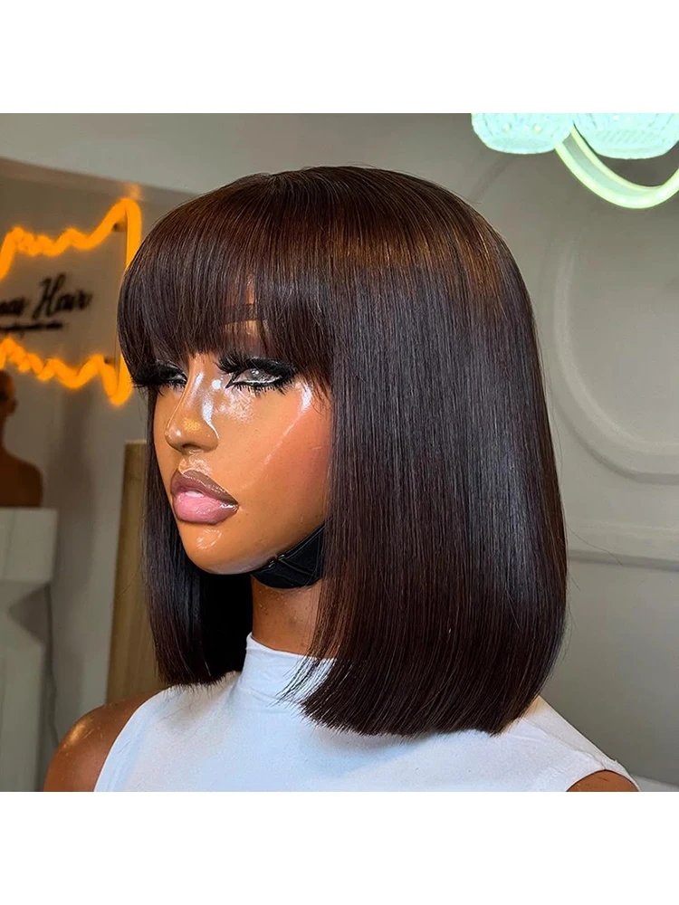 250 Density Straight Bob Perücke mit Pony, maschinell gefertigte Perücke in Naturfarbe, Echthaarperücken, kurze Bob-Fransenperücken für Frauen