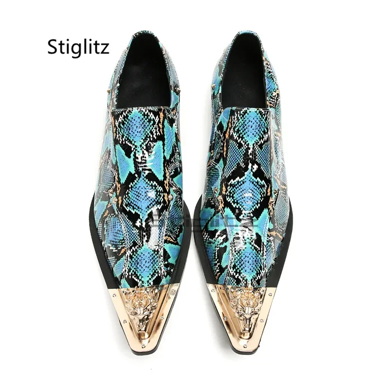 Metal Pointed Toe Prints Men's Business Shoes Snake Pattern Banquet Wedding Shoes Spring Autumn Slip On Genuine Leather Shoes