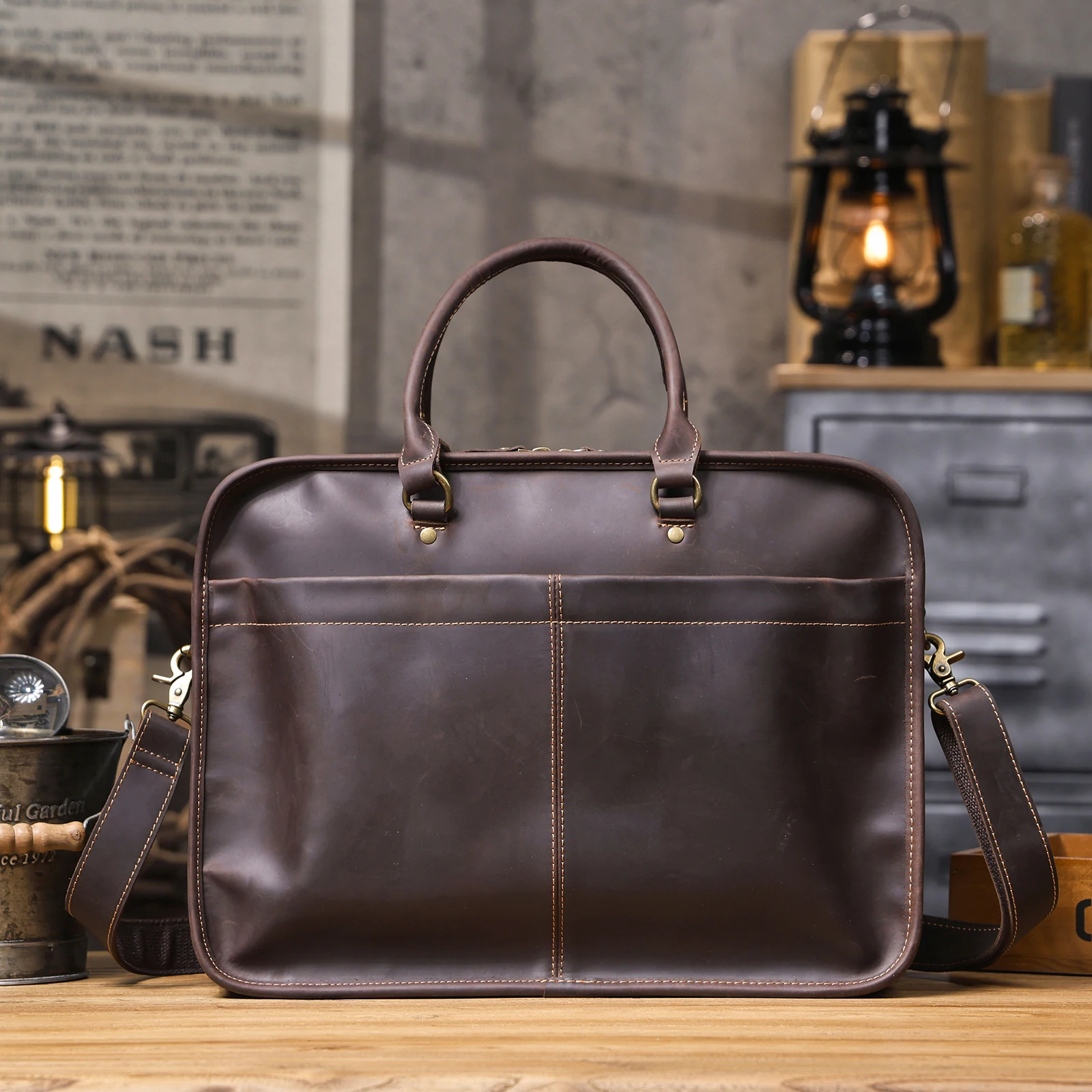 S.WORKER Vintage Echtleder Herren-Aktentasche Laptop-Tasche Crazy Horse Leder Messenger-Handtasche Rindsleder Geschenkidee für Männer – Detail 11