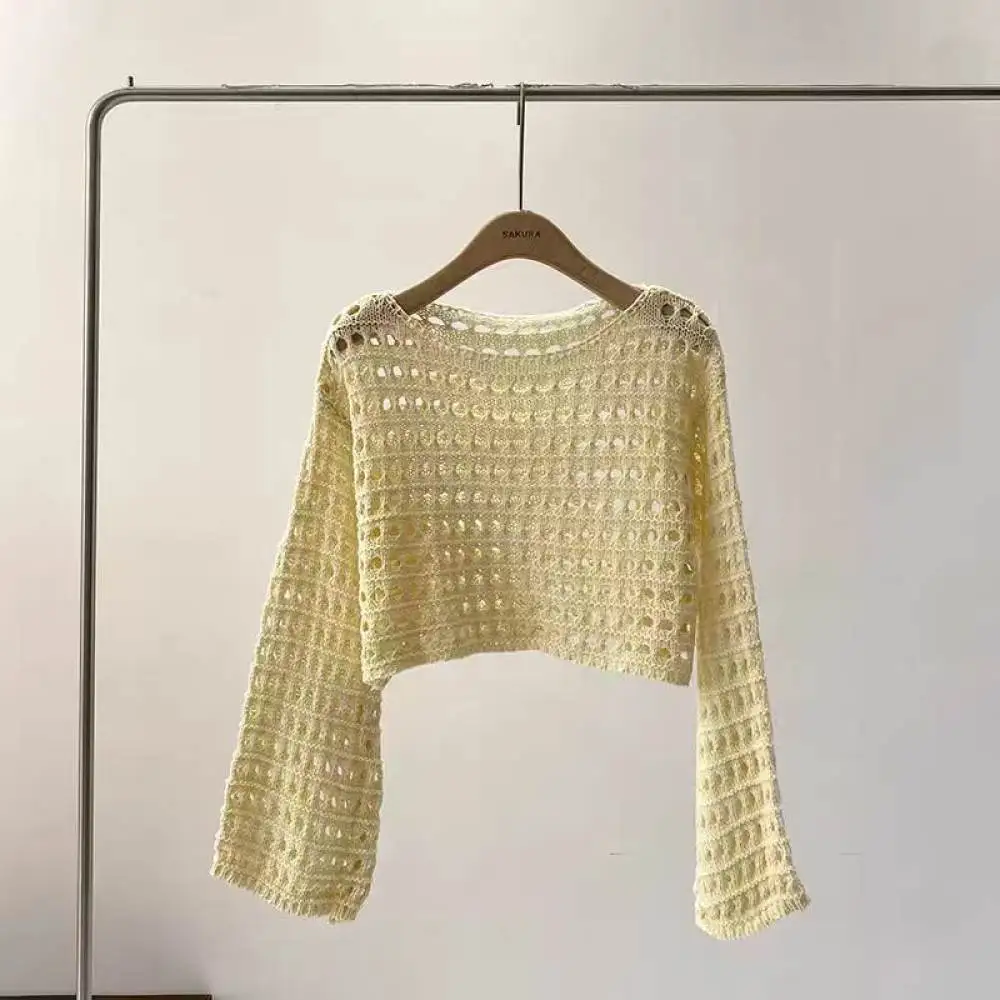 Chic Women Hollow Out Knitted Crop Sweater Fashion Flare Sleeve Crewneck Pullover Casual Soft Thin Sun Protection Beach Top