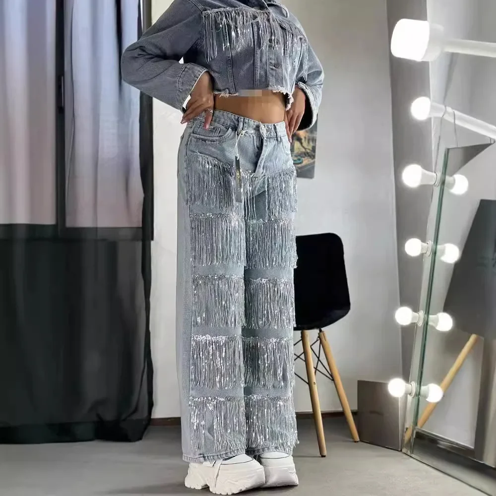 Explosivo lantejoulas borla design jeans retos feminino europeu, americano moda rua tiro