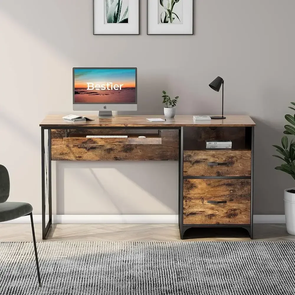 55 Industrial Wood Computer Desk with Storage and Keyboard Tray for Home or Office, Rustic Brown