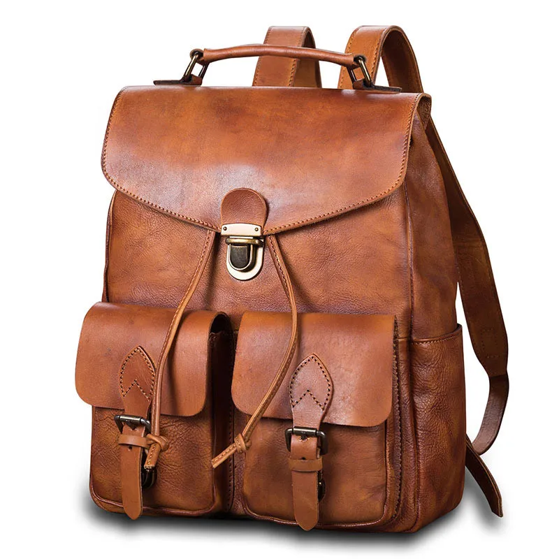 Men\'s Backpack Handmade Leather Laptop Bag Men Schoolbag Travel Backpacks First Layer Cowhide Retro Large Capacity Leisure Male