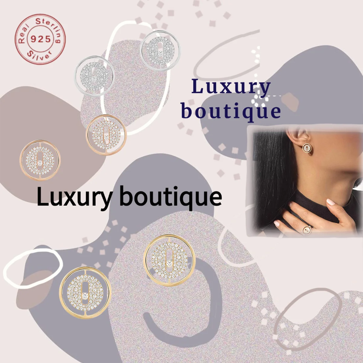 

Solid silver S925 earrings with diamond studded circular hollow design for noble women's Valentine's Day limited edition
