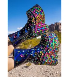 Club Gem strass piattaforma zeppe stivali Lady Design Zip punta tonda tacco alto stivali Blingbling scarpe moda vestito ragazza