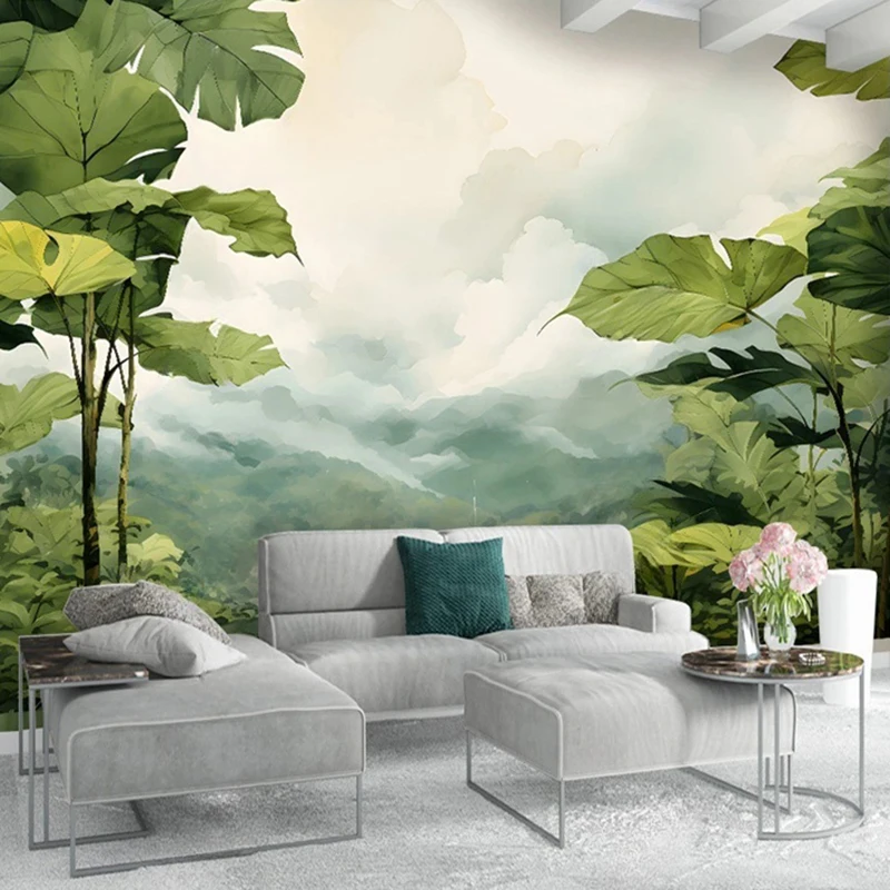 

Nordic Retro Custom Photo Mural Home Decor Wallpaper Hand-painted Tropical Plant Oil Painting Leaf Mountain Natural Background