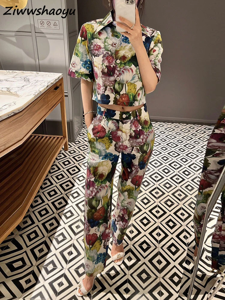

High Quality Summer Women Fashion Runway Designer Multicolor Floral Printed Cotton Short Shirts + High Waist Long Pants Suits