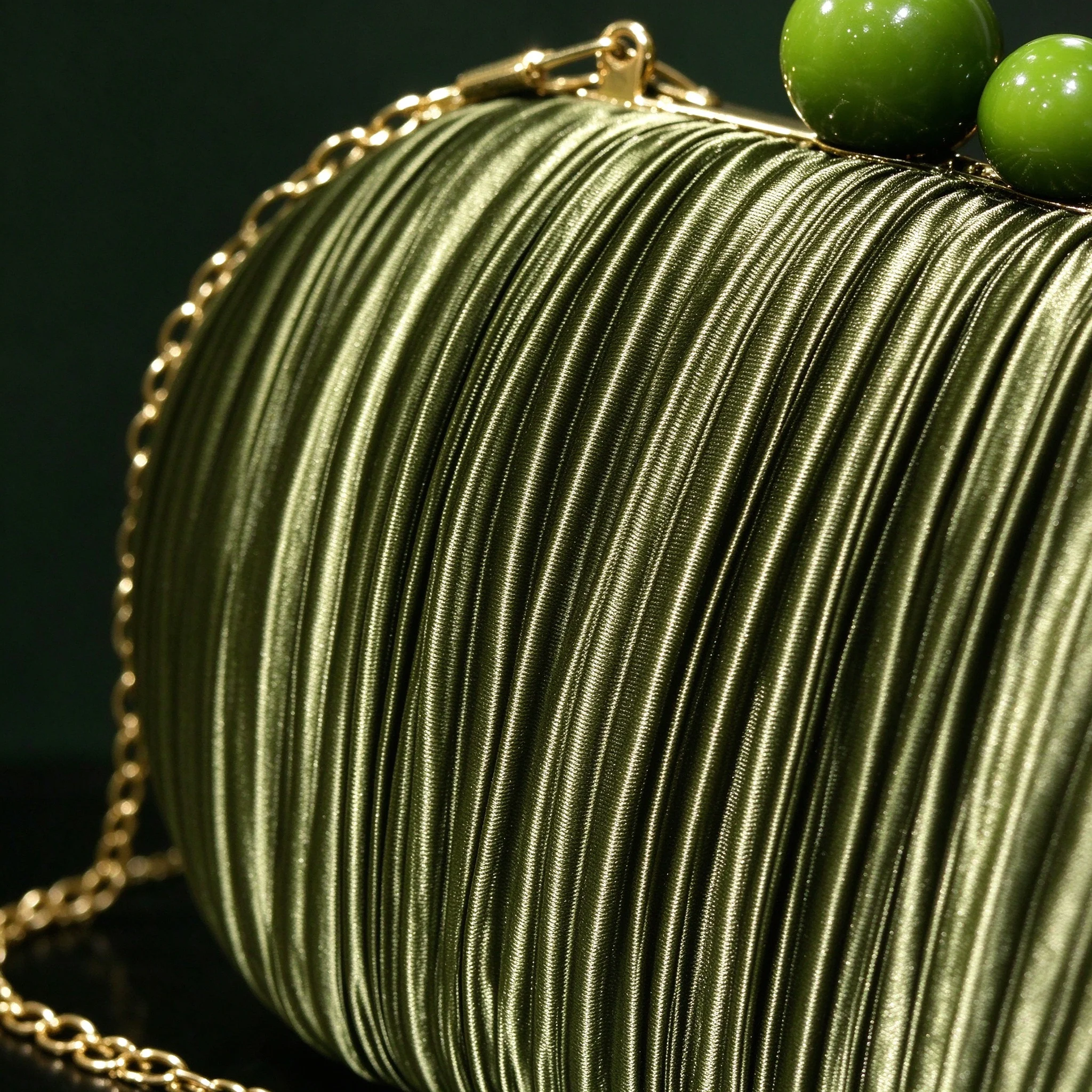 Olive Green Satin Pleated Evening Clutch Bag Women, Elegant Kisslock Gold Chain Strap Handbag, Wedding Party Prom Cocktail Purse