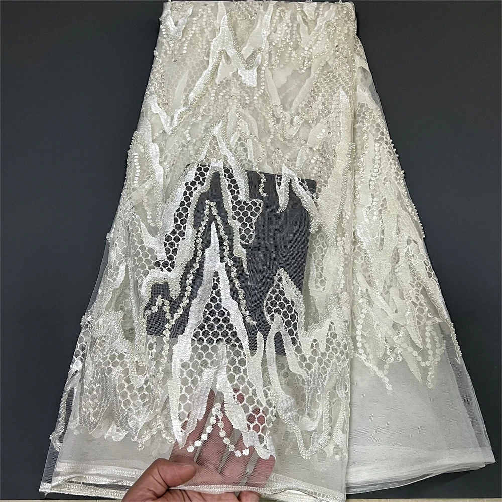 5 Yards High Quality Hand Luxury African Mesh Fabrics Embroidery For Women Sewing Wedding Dresses Dubai Lace Sequin Fabric ZJ009