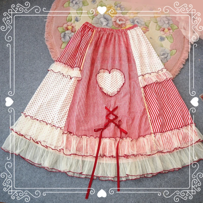 Vintage Kawaii Lolita Mori Girl Heart Stripe Polka Dot Black A-Line Maxi Skirt Summer Sweet Cute Red Ruffle Long Skirt for Women