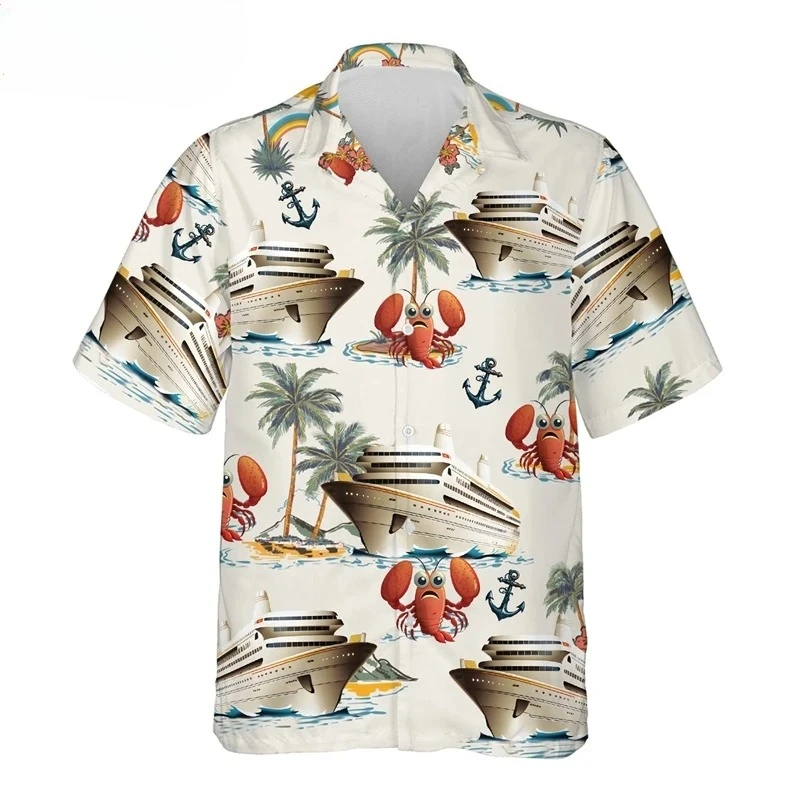 

2025 мужские летние модные пляжные рубашки с крабом и лобстером, рубашка с 3D принтом, рубашка для отдыха, повседневная гавайская одежда для отдыха с коротким рукавом