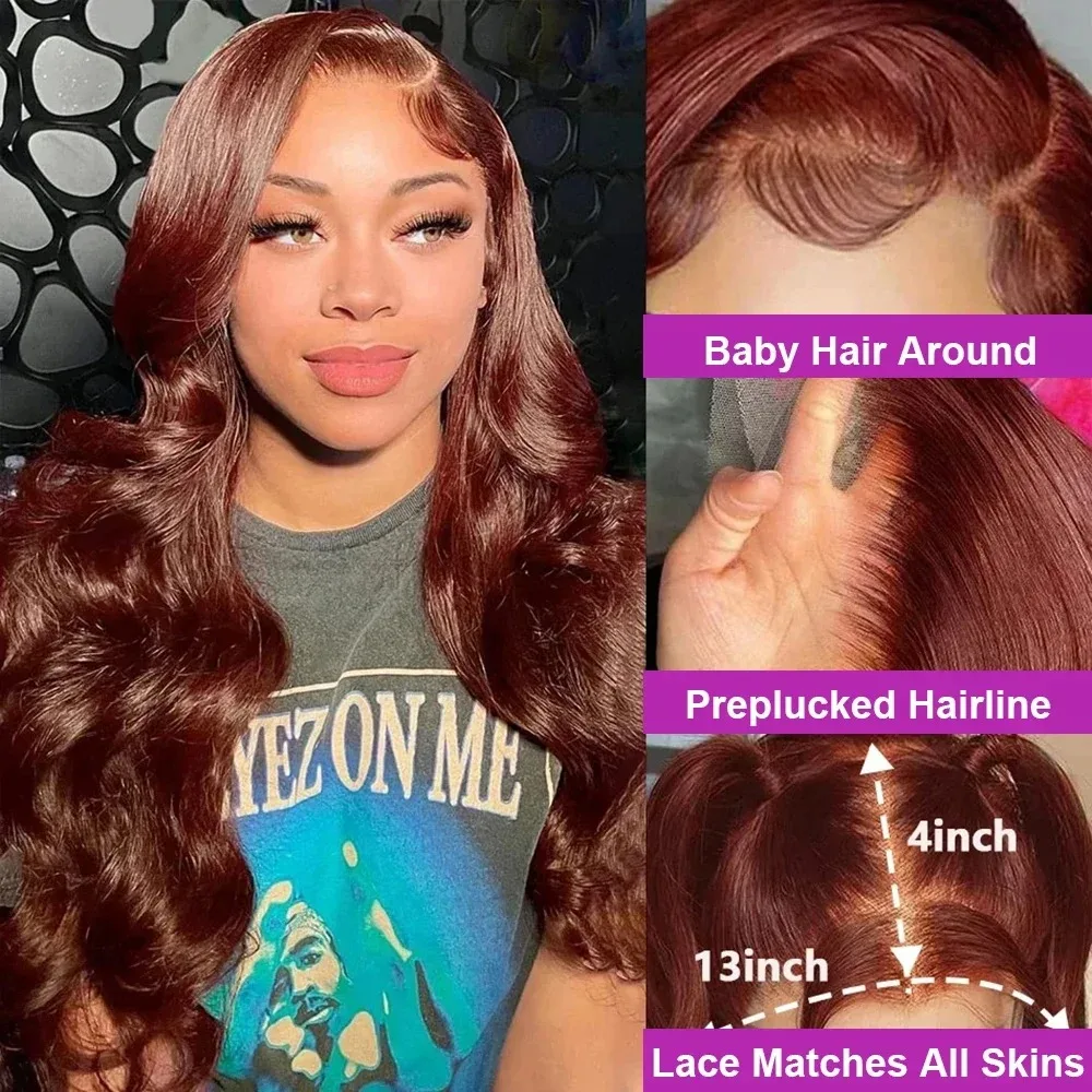 Luvin 28 32 Inch Reddish Brown Body Wave 13x4 13x6 HD Lace Frontal Human Hair Wigs Water Wave 200 Density For Women Pre Plucked