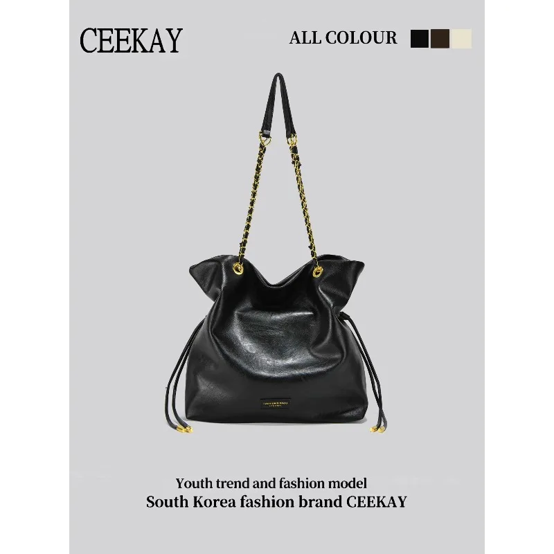 

2026 New CEEKAY Shiny Drawstring Tote Bag, Vintage Shoulder Bag with Chain Strap, Large Capacity Handbag for Women Handbags