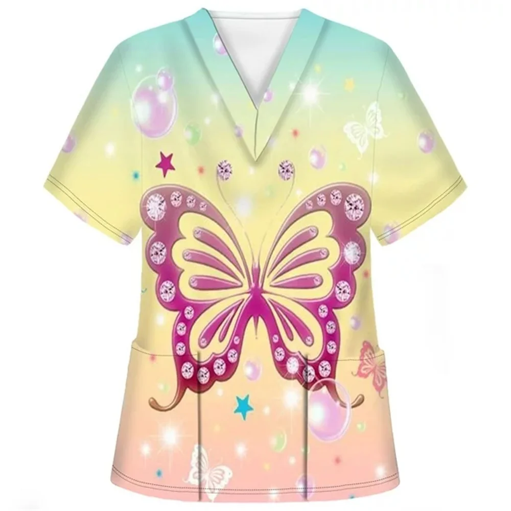 Medical Clothes Elegant Butterfly Print V-Neck Surgical Uniform Woman Short Sleeve Color Patch Pocket Top Clinical Uniform Woman