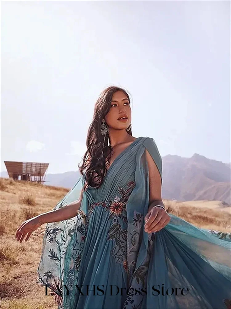 LAYXHS Vestidos de noite elegantes com decote em V, xale, apliques, linha A, pregas, vestidos formais de baile, personalizados